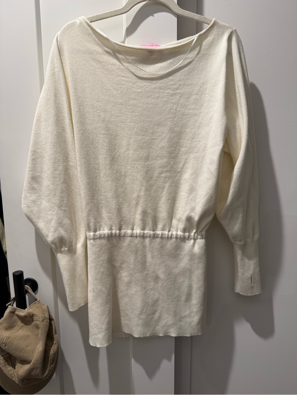 Edikted Cream Off Shoulder Boatneck Dress with Gathered Waist